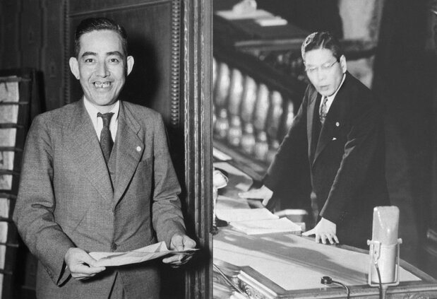 非国会議員ながら第2次吉田内閣の官房長官に就任した佐藤栄作(左、1948年10月15日撮影)、政界入り直後に蔵相に就任して衆院本会議で財政演説をする池田勇人(右、49年4月4日撮影)(共同)