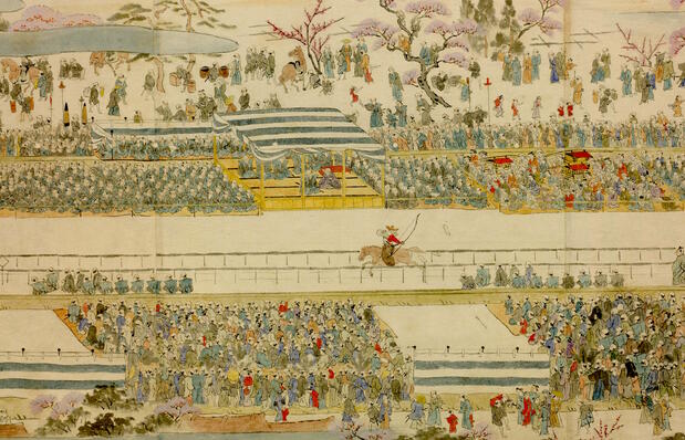 Dans « Illustration du yabusame de Takadanobaba en la troisième année de l’ère Genbun » (Genbun Sannen Takadanobaba Yabusame no zu) une foule nombreuse est représentée assistant au tir à l’arc à cheval. (Collection de la Bibliothèque nationale de la Diète)