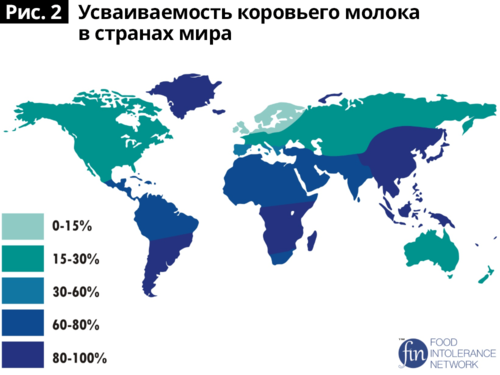 Способность усваивать молоко зависит от расы. Чем темнее цвет, тем выше процент людей, плохо усваивающих молоко.