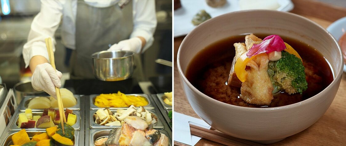 La sopa de miso, llena de ingredientes, es un plato muy popular en el comedor de la tienda Sano Miso. Se puede elegir de entre seis tipos de miso e incluso pedir que se mezclen dos variedades de miso en el mismo tazón.