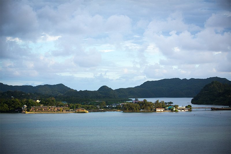 Hotels along the ocean front in Palau’s largest city, Koror. Foreign tourists looking to experience the country’s beautiful vistas and clear blue ocean are on the rise. (Taken in December 2014)