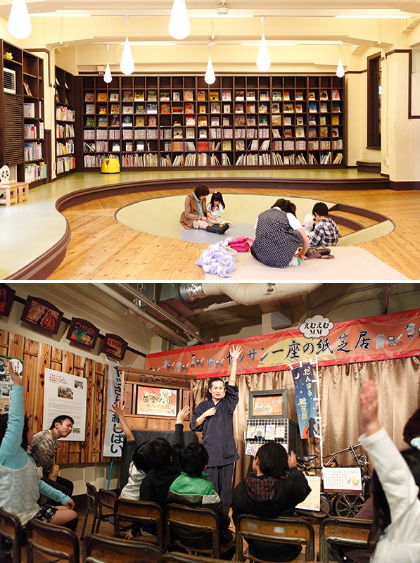 （写真上）絵本が中心の「こども図書館」の部屋は、小さな子供向け。靴を脱いで入るので、子供たちがのんびりした気分で本を楽しめる。（写真下）「ヤッサン一座」の紙芝居師のひとり、だんまるさん。