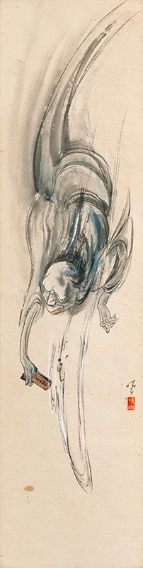 Ihai o motsu yūrei (Ghost Holding a Mortuary Tablet). The swift movement of this leaping male ghost is expressed through effective use of blurring in the curved lines.