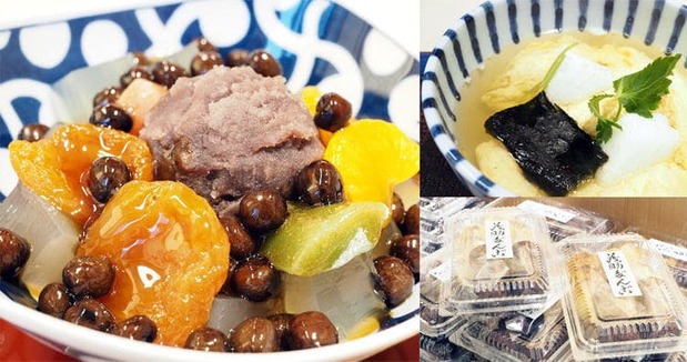 照片左:“茂助豆沙水果凉粉”(621日元/含税) 照片右上:“鸡蛋杂煮”(650日元/含税)