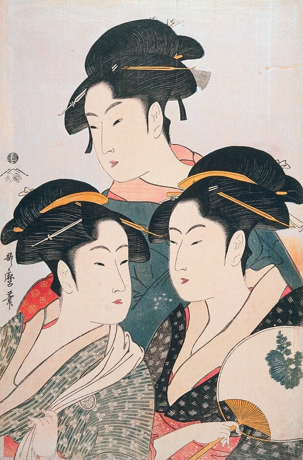 《宽政三美人图:难波屋Okita、高岛Ohisa、富本丰雏》(被删去女子名的版本),大幅锦绘,作于1792-1793年间。出版商:茑重(藏于纽约公共图书馆)