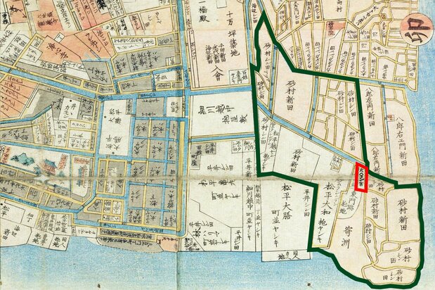 『安政改正御江戸大絵図』（1858年、国会図書館蔵）より、深川の富岡八幡宮（左下）から中川河口（右下）までを切り抜いた。砂村新田を緑の線、元八幡宮と書かれた敷地を赤で囲った