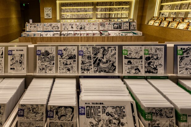 Páginas del manga transformadas en pósters. El visitante puede disfrutar buscando sus escenas favoritas.