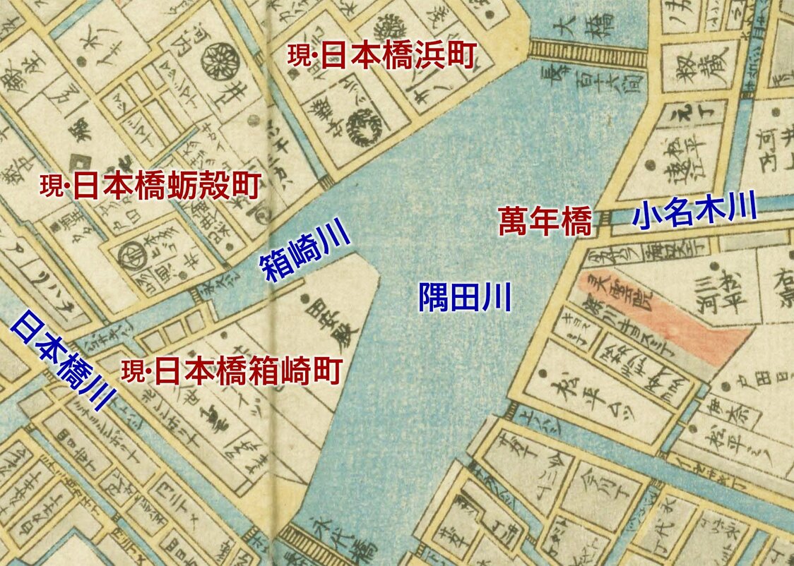 「安政改正御江戸大絵図」より。名所江戸百景が描かれた時代の古地図を見ると、水路が複雑に交差していたことがよく分かる　国会図書館蔵