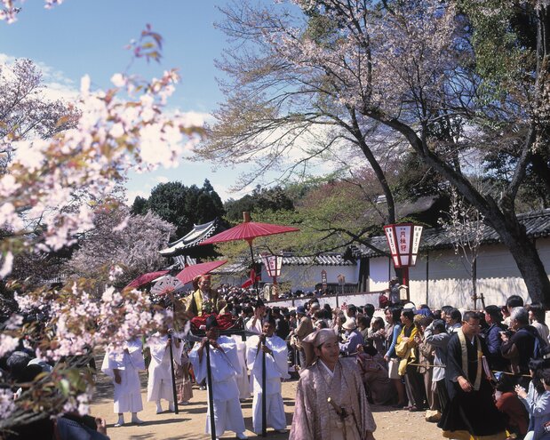 約1300位大名列隊行進的醍醐寺豐太閣賞花佇列,京都市伏見區,1997年拍攝(時事)