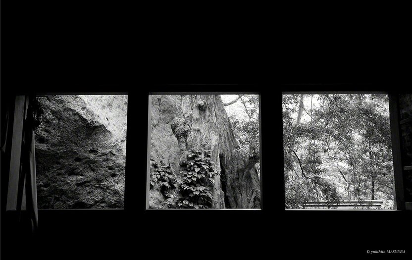 Une vue des rochers gigantesques et de la forêt vierge depuis l’intérieur de la salle de prière d'Okitsumiya.