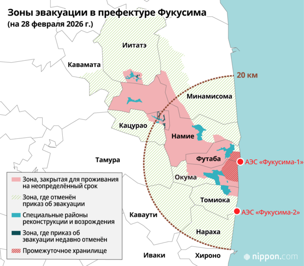 Зоны эвакуации в префектуре Фукусима (на 28 февраля 2026 г.)