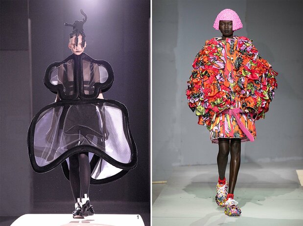 (左)2014年春夏コレクションでは「服」の概念に挑戦した/(右)2024年春夏コレクションより。明るい未来を希求するかのようにさまざまな色があふれている(提供:コムデギャルソン)