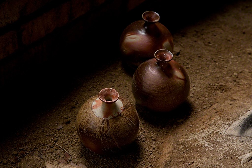 Sake bottles fresh from the kiln.