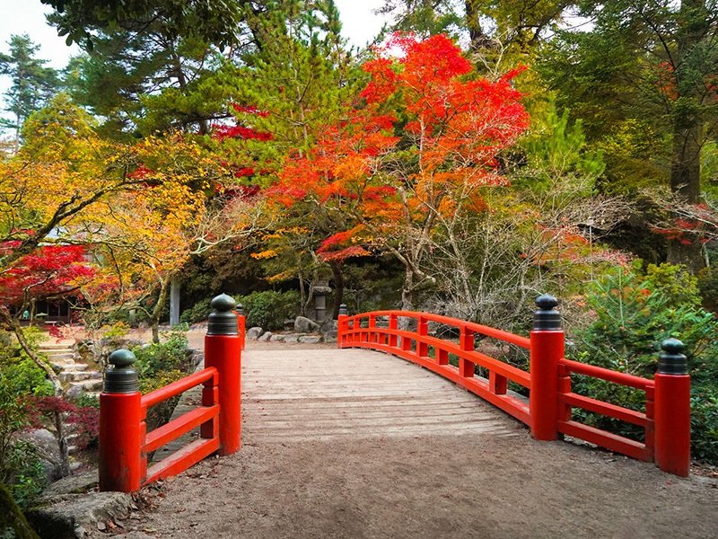 El puente Momiji, entrada al parque Momijidani.