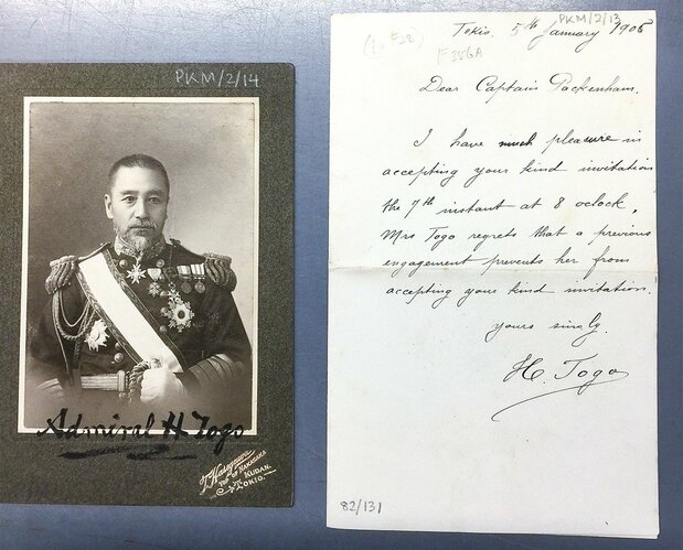 Photo portrait of Tōgō Heihachirō and Tōgō's handwritten note to William Pakenham. (Courtesy National Maritime Museum, Greenwich)