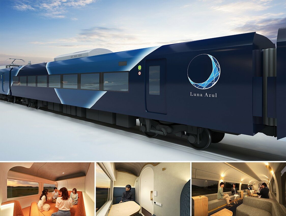 El Luna Azul, cuyo debut está previsto para 2027. La carrocería azul recuerda a los antiguos Blue Train. (Imagen cortesía de JR East)