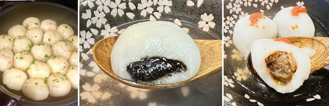 生煎馒头、芝麻汤圆和肉馅汤圆