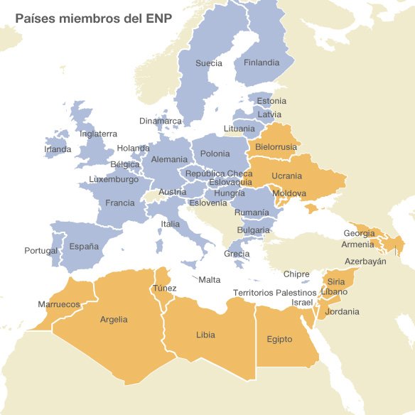 Los 27 países de la Unión Europea (en azul) Francia, Alemania, Italia, Holanda, Bélgica, Luxemburgo, Inglaterra, Irlanda, Dinamarca, Grecia, España, Portugal, Austria, Suecia, Finlandia, Polonia, República Checa, Eslovaquia, Hungría, Eslovenia, Estonia, Lituania, Latvia, Malta, Chipre, Bulgaria, Rumanía Los restantes (en naranja): Argelia, Armenia, Azerbayán, Bielorrusia, Egipto, Georgia, Israel, Jordania, Líbano, Libia, Marruecos, Territorios Palestinos, Siria, Túnez, Ucrania
