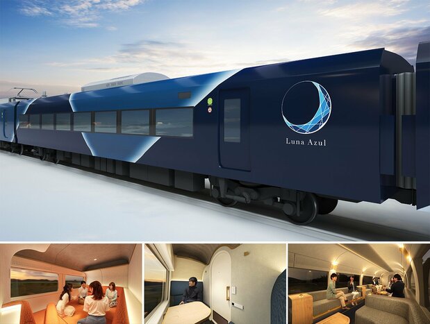 El Luna Azul, cuyo debut está previsto para 2027. La carrocería azul recuerda a los antiguos Blue Train. (Imagen cortesía de JR East)