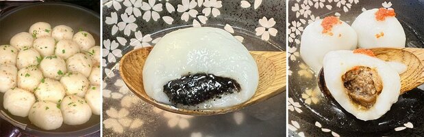 生煎馒头、芝麻汤圆和肉馅汤圆