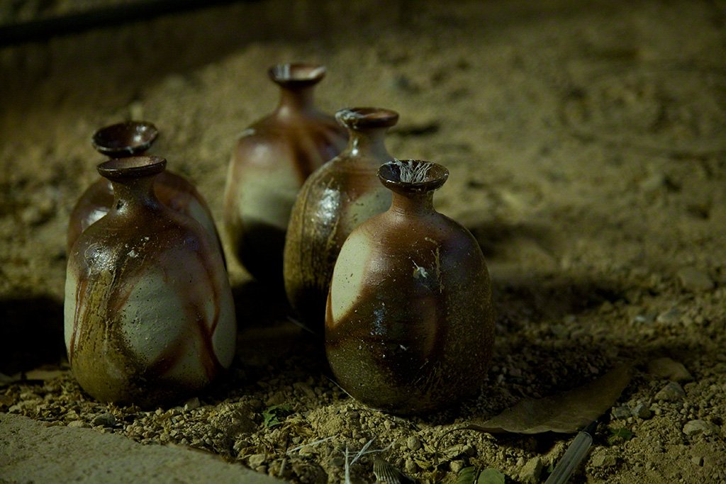 Sake bottles just removed from the kiln.
