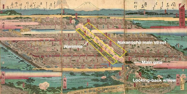The view of Yoshiwara shows <em>harimise</em> on both sides of the Nakanochō main street. The <em>mikaeri yanagi</em>, or “looking-back willow,” is said to have taken its name from the wistful backward glances of men leaving the pleasure district. <em>Tōto Shin-Yoshiwara ichiran</em> (View of Shin-Yoshiwara in the Eastern Capital) by Hiroshige II. (Courtesy Tokyo Metropolitan Central Library)