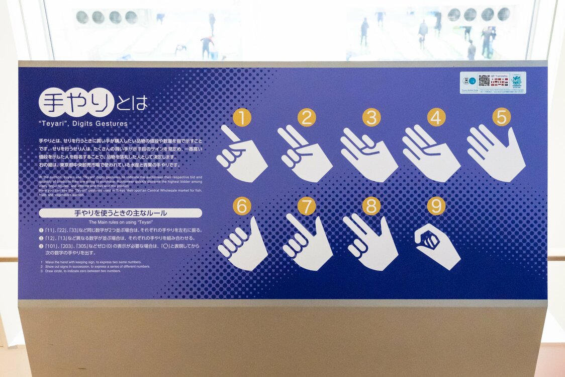 水産卸売棟に展示してある手やりの説明パネル　写真：筆者提供