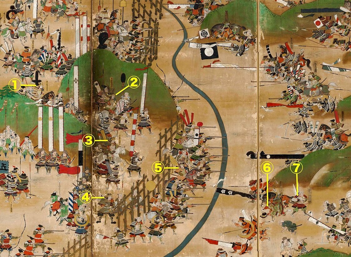 『長篠合戦図屏風』より徳川の家臣たちと戦死した山形昌景を描いた部分を拡大 / 犬山城白帝文庫所蔵