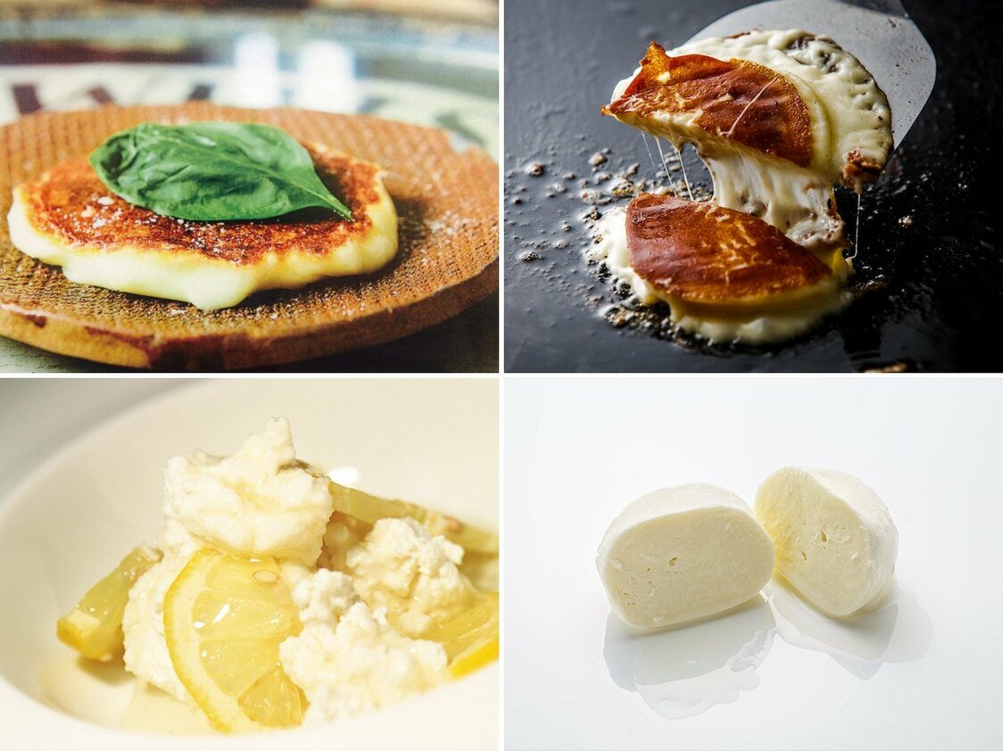 Caciocavallo (top photos), ricotta (lower left), and mozzarella (lower right). Fattoria Bio cheeses are served at Armani Ristorante Ginza and other luxury Italian restaurants in Tokyo. (Courtesy of Fattoria Bio Hokkaidō)