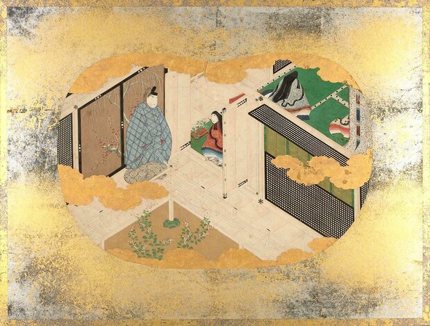 Biombo con ilustraciones de Genji monogatari - capítulo de la libélula (Archivo del Instituto Nacional de Literatura Japonesa). Kaoru (hijo de Hikaru Genji) desesperado al perder a su amor, pasa junto a la habitación de reunión de las mujeres, contemplando las flores del otoño, y comienza con una mujer una conversación llena de ingenio.