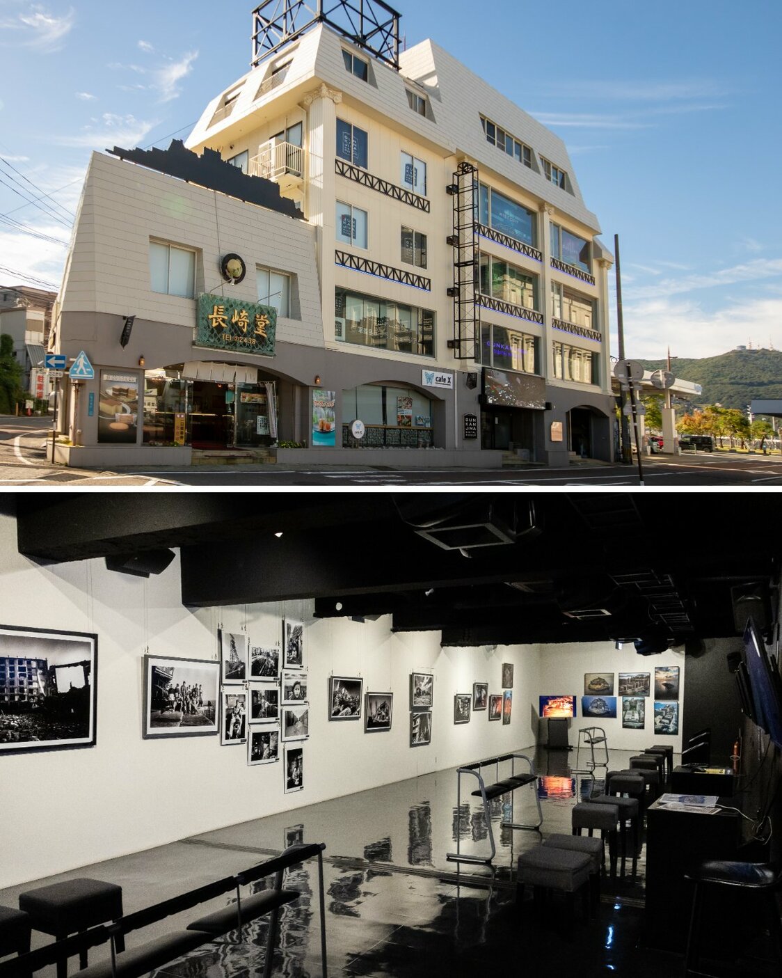 Above: The four-story high museum also has a café. Below: Gallery of photos by a former island resident who lived in Apartment Block 30 in 1972. (© Nippon.com)