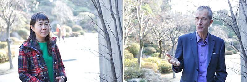 A la izquierda, la novelista japonesa Kakuta Mitsuyo, todo un éxito de ventas con obras como The Eighth Day; a la derecha, el escritor inglés Geoff Dyer, cuyo libro Pero hermoso. Un libro de jazz ha sido traducido al japonés recientemente por Murakami Haruki.