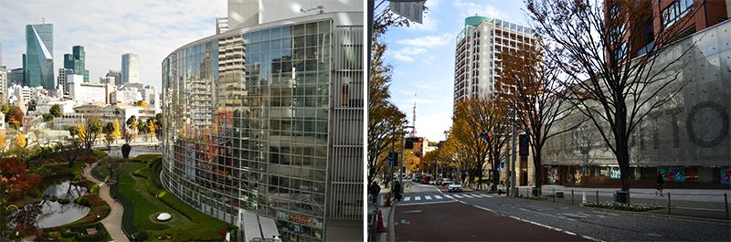左：毛利庭園とテレビ朝日本社ビル。右：けやき坂通り