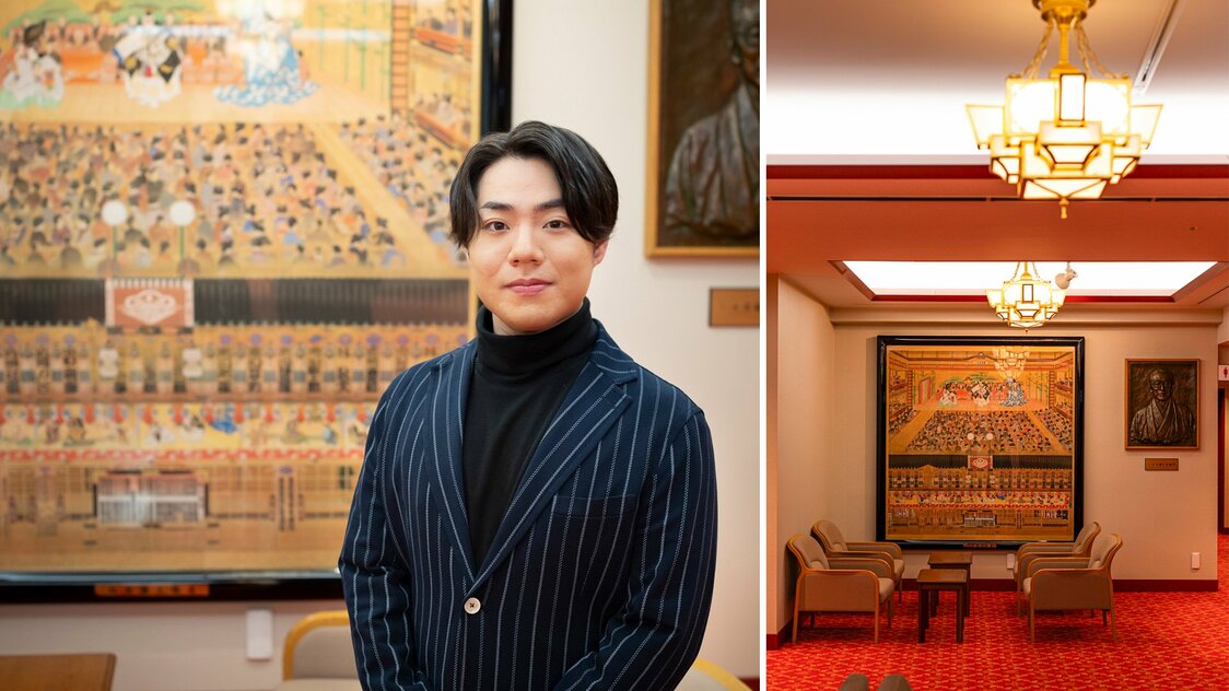 中村鹰之资说自己很喜欢南座的大厅。墙上的《劝进帐》画作描绘了大正时期的南座公演盛况