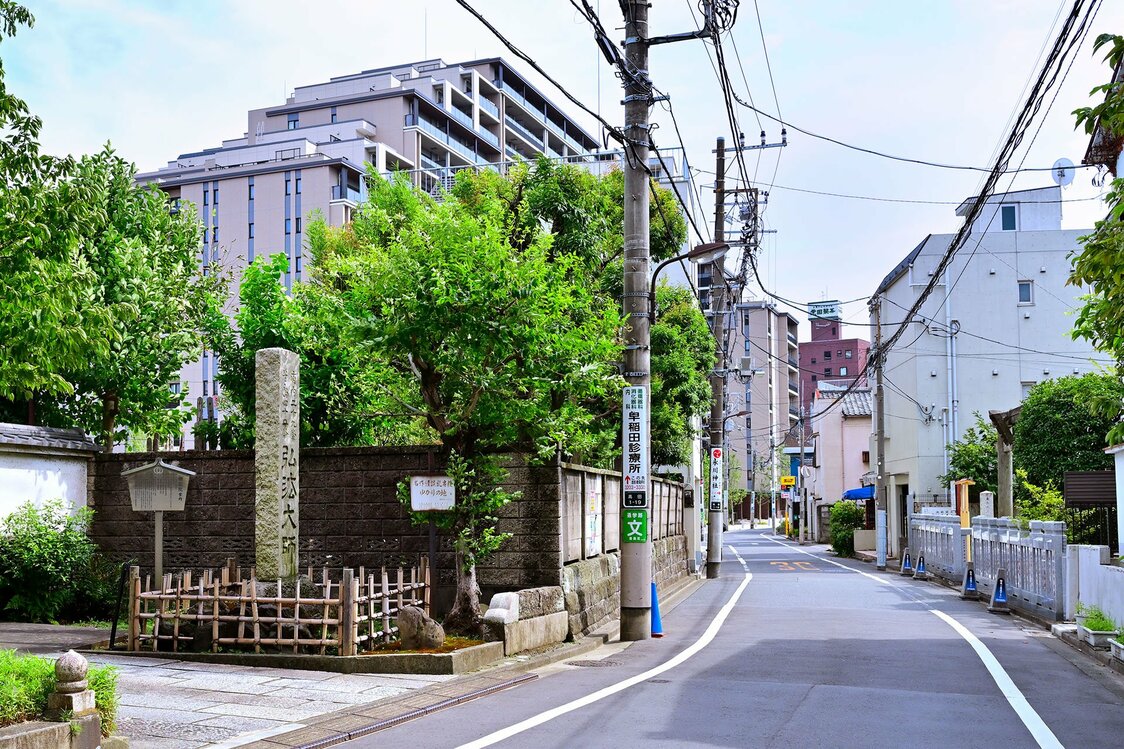 南蔵院門前から宿坂通りの南方向を望む。道の右側は、江戸時代に南蔵院が別当として管理していた高田の総鎮守、高田氷川神社。姿見の橋は、手前のカーブと奥のカーブの中間あたりにあったと思われ、その先には面影橋がある