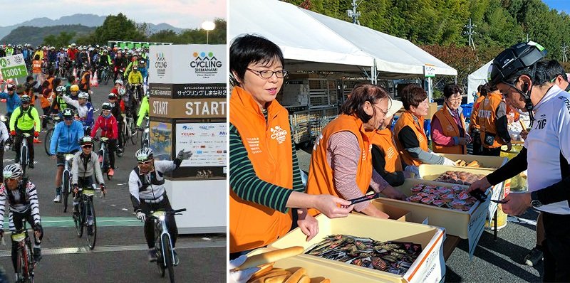 早朝6時、参加者ととともに出発する平谷祐宏尾道市長（左）とエイドステーションのようす（右）（筆者撮影）