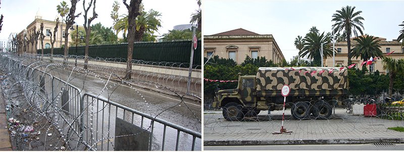 Les alentours de l’Ambassade de France à Tunis. Fil de fer barbelé, un camion de l’armée tunisien stationne à proximité.