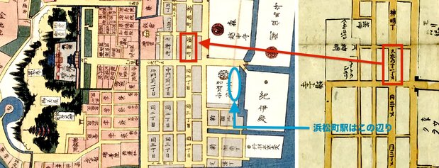(右)1670(寛文10)年『新板江戸大絵図』には「久右門丁」。(左)1849〜62(寛永2〜文久2)年『江戸切絵図』では同じ場所が「濱松町」となっている。2点とも国立国会図書館所蔵