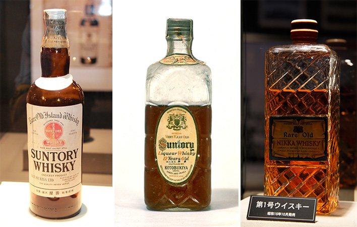 日本首款威士忌三得利白札（左） 发售之初的三得利角瓶（中） 第一瓶Nikka Whisky（右）