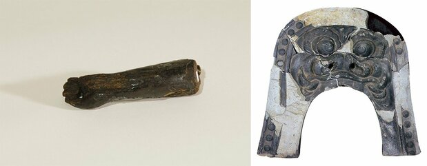 La main d'une représentation bouddhique retrouvée sur le site, à gauche, et une gargouille (oni-gawara) trouvée sur le toit d'un des bâtiments du temple. (Avec l'aimable autorisation du conseil éducatif de Kamakura.)