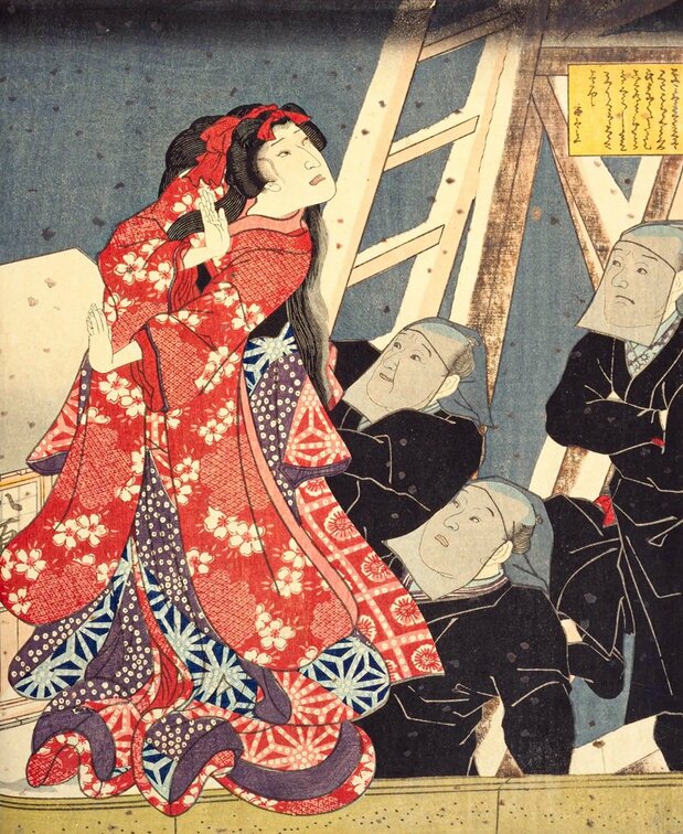 Dans la pièce, Yaoya Oshichi déclenche un incendie car elle veut retrouver l’homme dont elle est éprise. Cette histoire a fait les belles heures du théâtre de marionnettes dit ningyô jôruri (l’ancêtre de l’actuel bunraku). Or l’incendiaire personnage d’Oshichi était née l’année du cheval de feu (1666). (Avec l’aimable autorisation de la Bibliothèque nationale de la Diète)