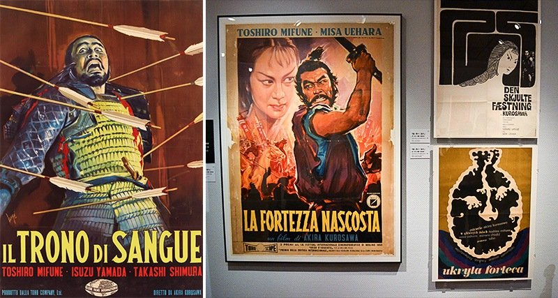 À gauche : Le Château de l’araignée, affiche italienne de 1959, signée Carlantonio Longi. Au centre : La forteresse cachée (1958), affiche italienne de 1960, signée Luigi Martinati. En haut à droite, affiche danoise du même film de 1969, signée Nina Schiøttz. En bas à droite, version polonaise de 1968, signée Andrzej Piwonski.