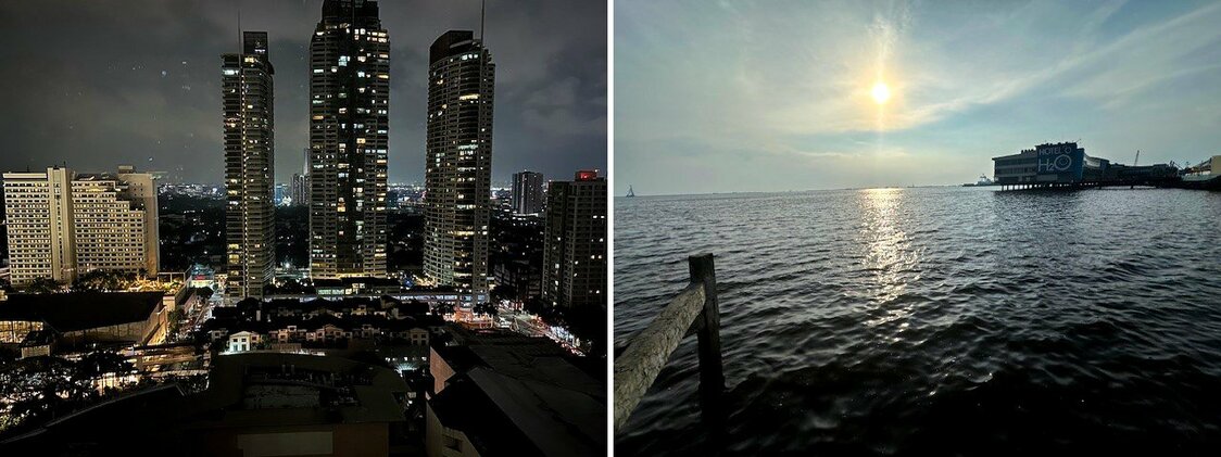 マニラのビジネス地区マカティの夜景（左）　と南シナ海に沈むマニラ湾の夕日（いずれも筆者撮影）