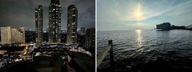 マニラのビジネス地区マカティの夜景(左) と南シナ海に沈むマニラ湾の夕日(いずれも筆者撮影)