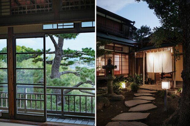 左 : 2階から海の方角を眺める 右 : 夕暮れ時の清閑亭