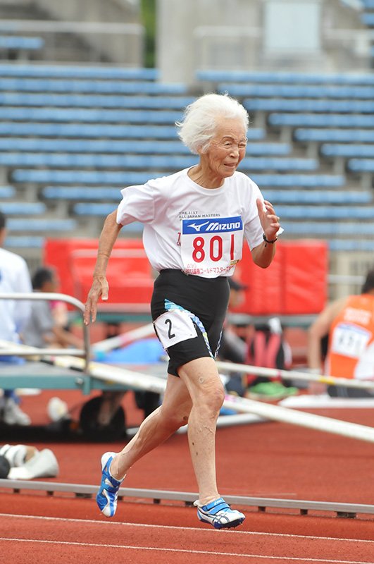 女子最高齢の90歳で参加、女子90～94歳クラス100mで世界記録を更新した守田満選手（写真提供：日本マスターズ陸上競技連合）