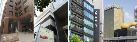 日本4大啤酒商總公司，由左至右分別為札幌啤酒、麒麟啤酒、三得利及朝日啤酒