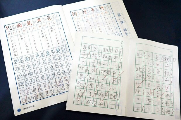 筆者の子どもが現地校で小学一年生の際、実際に使用していた国語(中国語)の書き取り(筆者撮影)