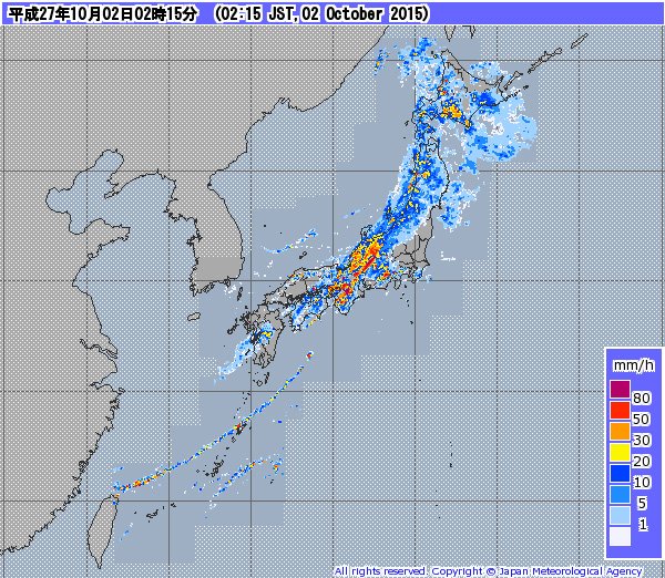 気象レーダーとアメダスのデータを総合した「降水ナウキャスト」画像（気象庁）