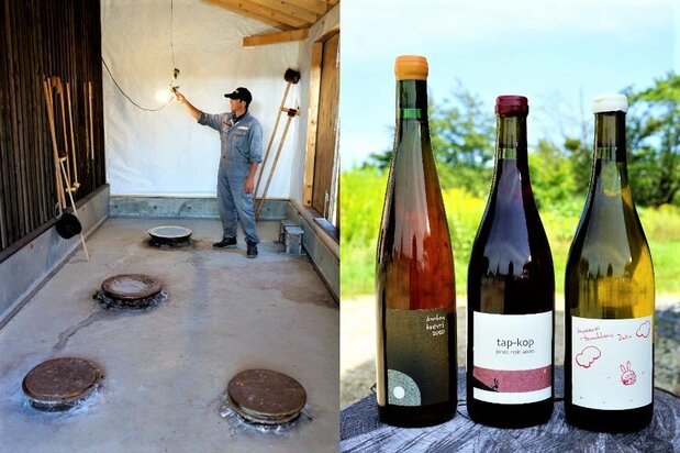 (左)クヴェブリを埋めた建屋、「近藤部屋」(右)栗澤ワインズ(KONDOヴィンヤード)の3アイテム。右端の「モセウシ・トモ・ブラン2020」は、近藤さんの妻・智子さんが醸造を担当した 筆者撮影